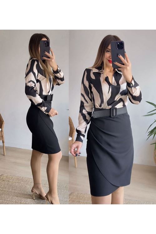 Kadın Uzun Kollu Yakalı üst Dalgıç Eteği Krep Kemerli Elbise