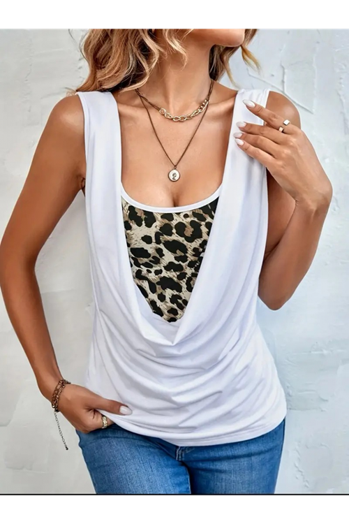 Kadın Kolsuz Degaje Leopar Detay Bluz