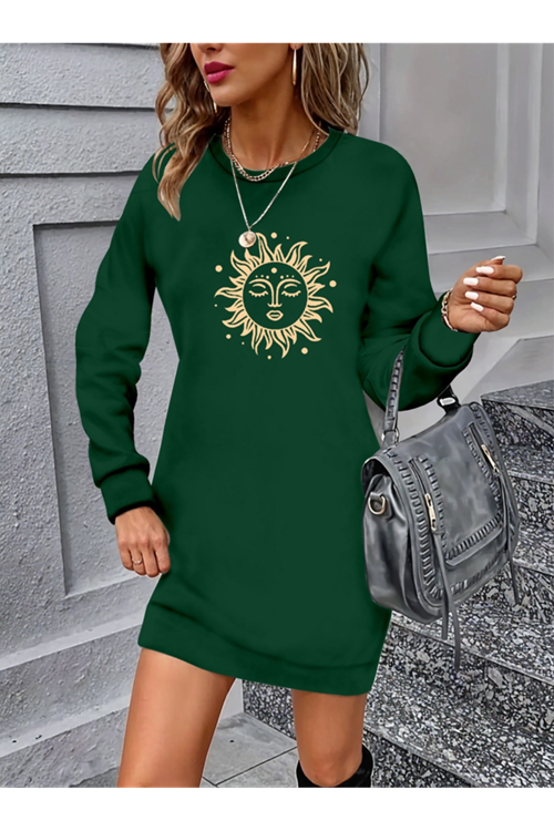 Kadın Uzun Kollu Bisiklet Yaka Güneş Desenli Viskon Iki Iplik Elbise