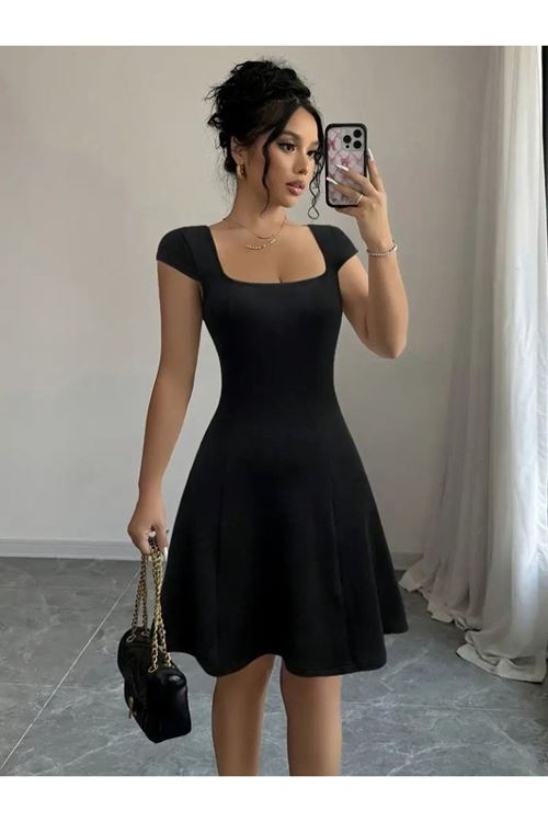 Kadın Kısa Kollu Geometrik Yakalı Janjan Krep Elbise