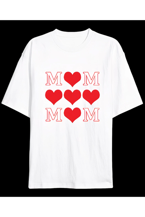 Anneler Gününe Özel Tasarım MOM Kalp Baskılı T-shirt - Beyaz