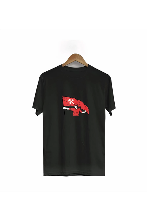 1 Mayıs Emekçilerimiz İçin Özel Tasarım Bayraklı Emekçi Baskılı T-shirt - Siyah