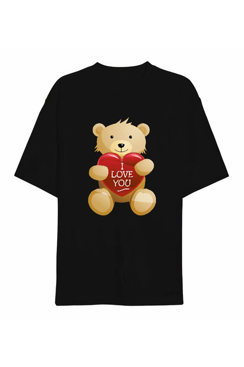 Sevgililer Günü İçin Özel Tasarım I Love You Ayı Baskılı T-shirt - Siyah