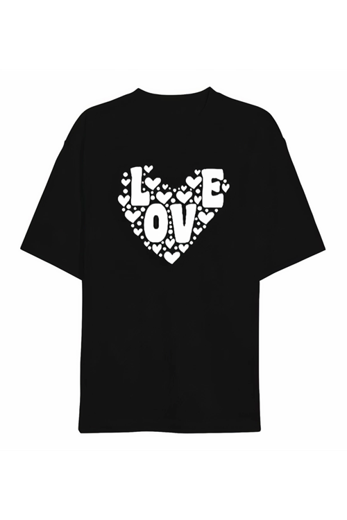 Sevgililer Günü İçin Özel Tasarım Love Kalp Baskılı T-shirt - Siyah