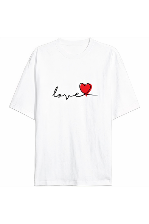 Sevgililer Günü İçin Özel Tasarım Love Baskılı T-shirt - Beyaz