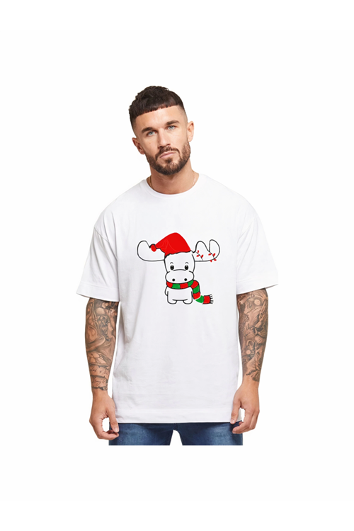 Ren Geyiği Baskılı Noel İçin T-shirt - Beyaz