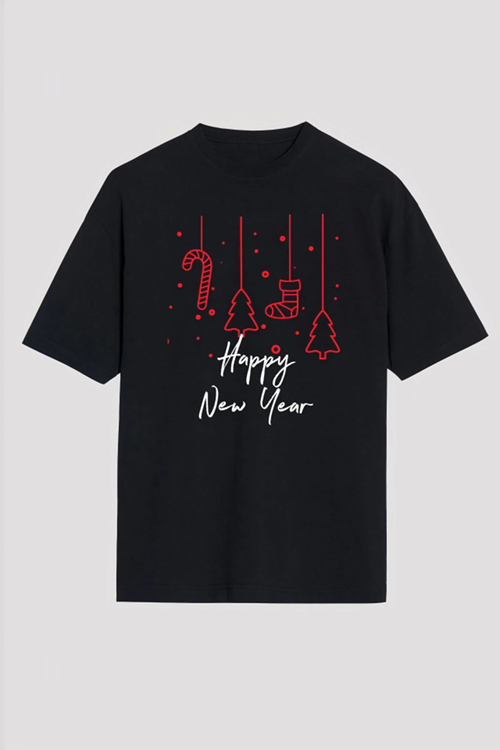Happy New Year Baskılı T-shirt - Siyah