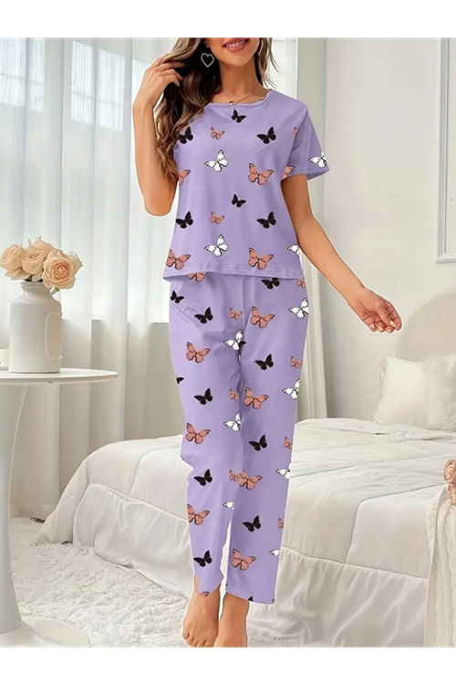 Kadın Kısa Kollu Bisiklet Yaka Kelebek Baskılı Süprem Ikili Takım