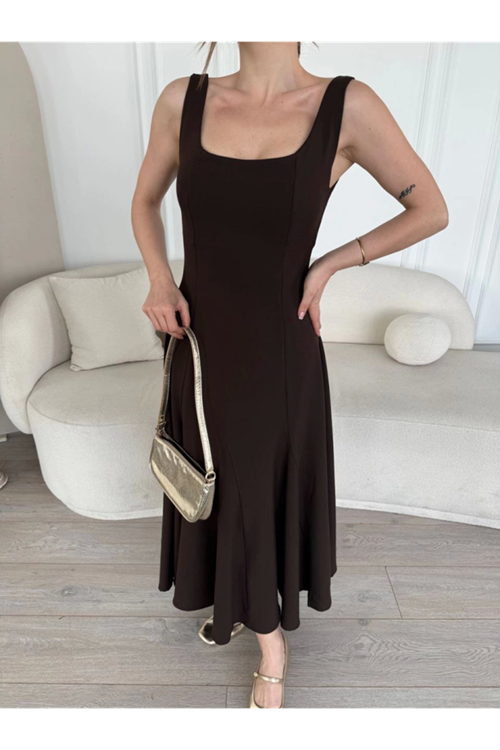 Sırt Dekolteli Kolsuz Uzun Elbise - Kahverengi