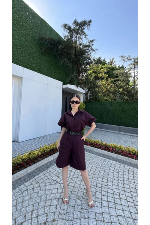 Yakalı Gömlek Kemerli Şortlu Takım - Bordo