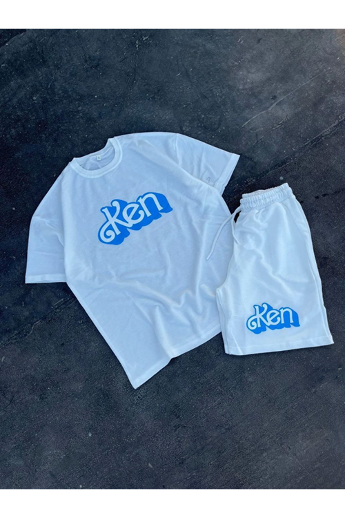 Erkek Baskılı İkili Şort Takım - Beyaz