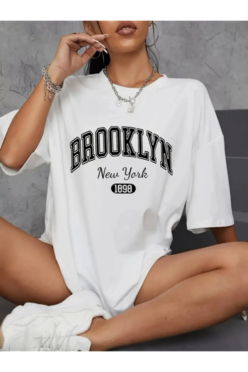 Baskılı Oversize Bisiklet Yaka T-shirt - Beyaz