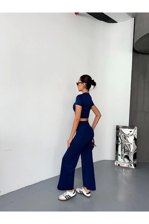 Osy Modal Yumuşak Dokulu Kumaş Kısa Kollu Crop Alt Ispanyol Paça Pantalon Ikili Takım - Lacivert