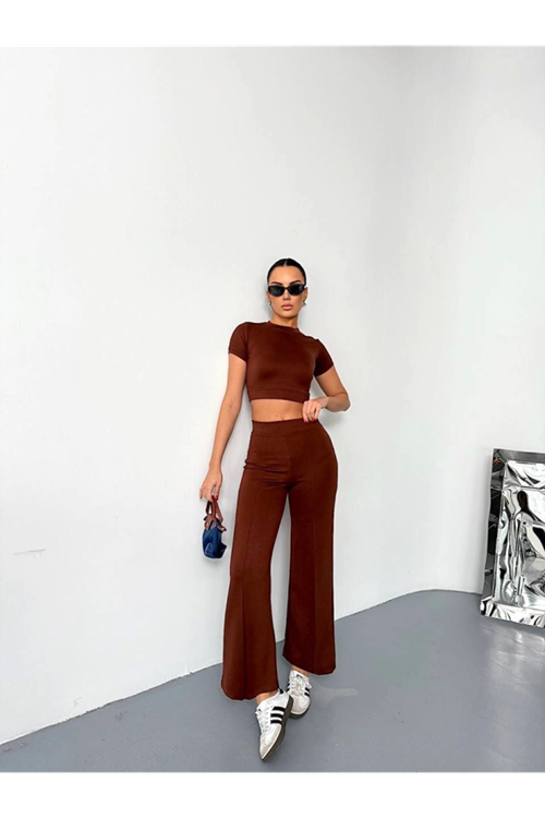 Osy Modal Yumuşak Dokulu Kumaş Kısa Kollu Crop Alt Ispanyol Paça Pantalon Ikili Takım - Kahverengi