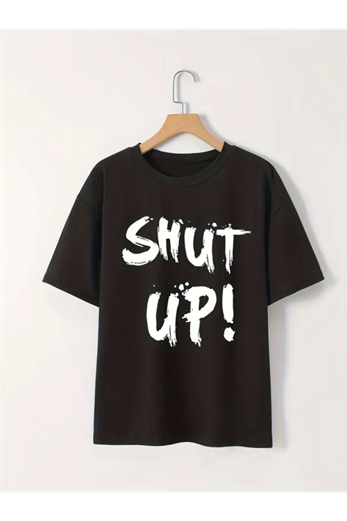 Baskılı Oversize Bisiklet Yaka T-shirt - Siyah