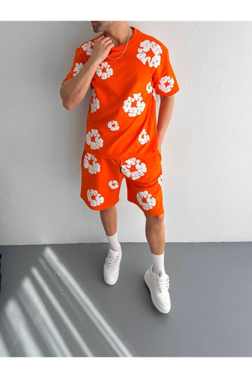 İki İplik Kumaş Baskılı T-shirt Şortlu Takım- Turuncu
