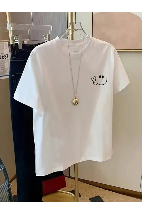 Baskılı Oversize Bisiklet Yaka T-shirt - Beyaz