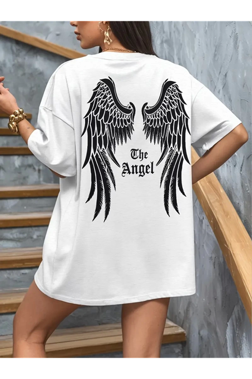 Baskılı Oversize Bisiklet Yaka T-shirt - Beyaz