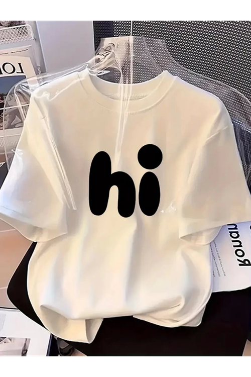 Baskılı Oversize Bisiklet Yaka T-shirt - Beyaz