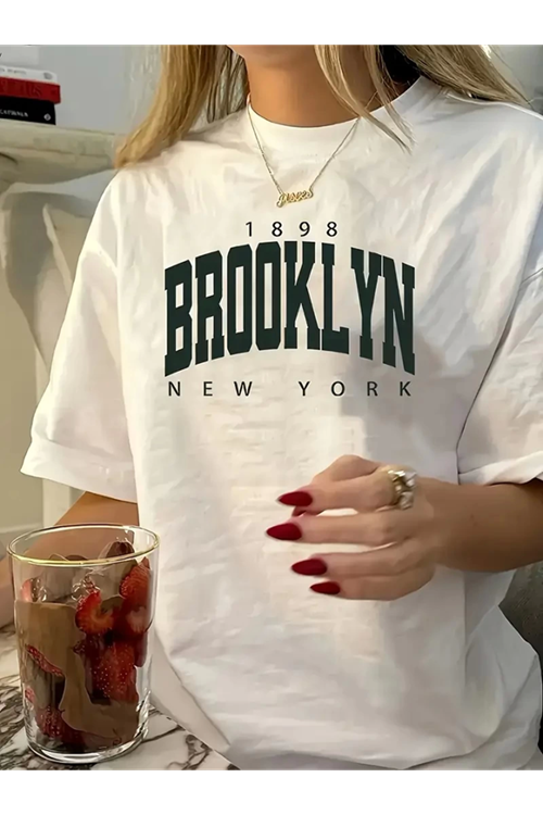 Baskılı Oversize Bisiklet Yaka T-shirt - Beyaz