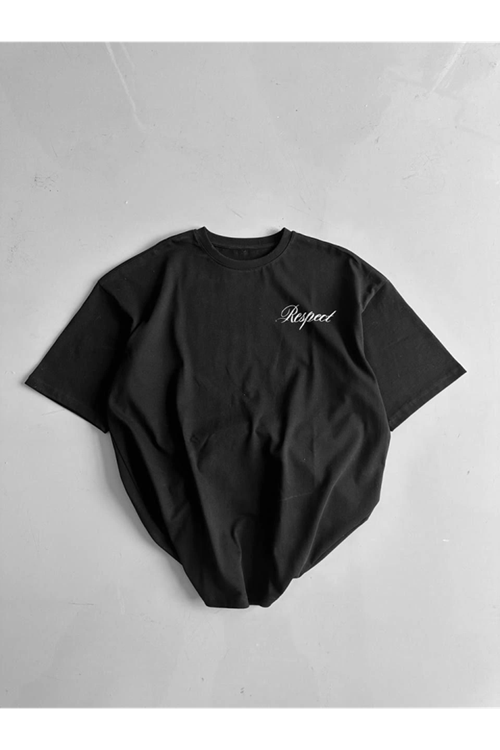 Baskılı Oversize Bisiklet Yaka T-shirt - Siyah