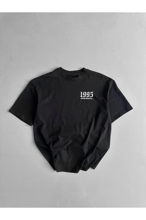 Baskılı Oversize Bisiklet Yaka T-shirt - Siyah