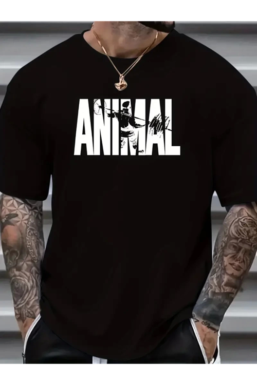 ANIMAL Desen Baskı Erkek Oversive Tişört, Grafik Tişört Erkek Yazlık Outdoor Kıyafetleri, Sporda Ve Günlük Giyime Uygun  - Siyah