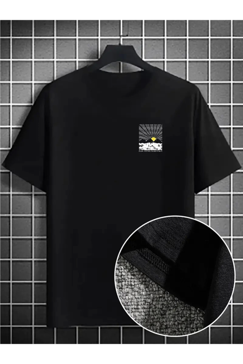 Erkek Dağ Grafikli Tişört, Yaz Için Büyük Beden Rahat T-shirt - Siyah