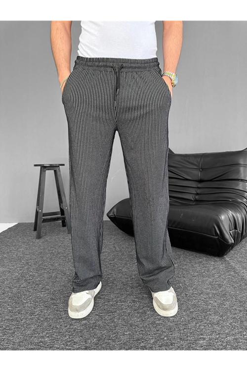 Su Yolu Çizgili Cepli Pantalon - Siyah
