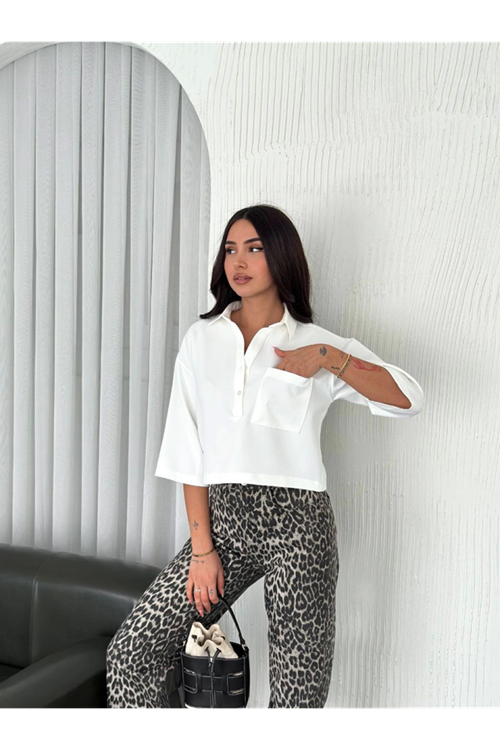 Crop Yakalı Gömlek Üç Çeyrek Sleeve Kol - Beyaz