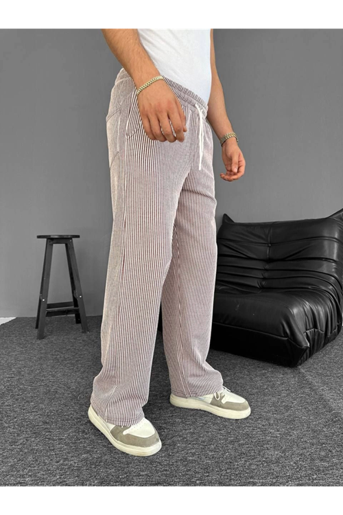 Su Yolu Çizgili Cepli Pantalon - Kahverengi