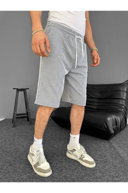 Su Yolu Çizgili Cepli Şort- Gri