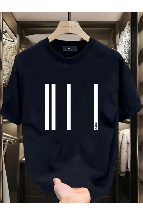 Baskılı Oversize Bisiklet Yaka T-shirt - Siyah