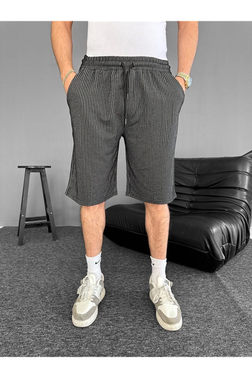 Su Yolu Çizgili Cepli Şort- Siyah