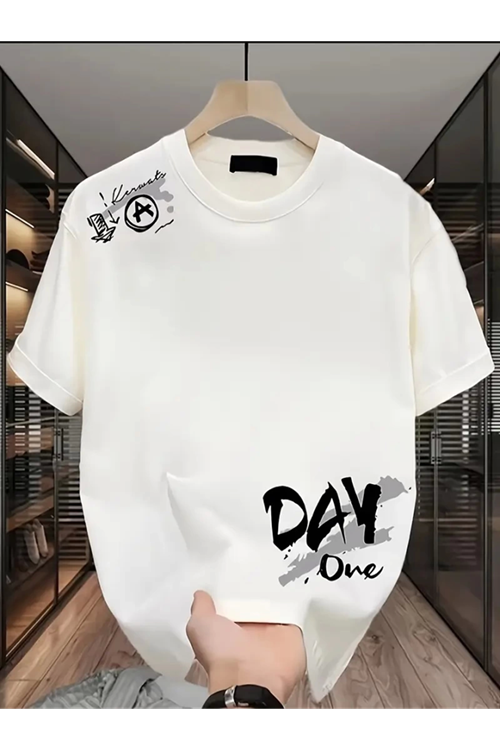 Baskılı Oversize Bisiklet Yaka T-shirt - Beyaz