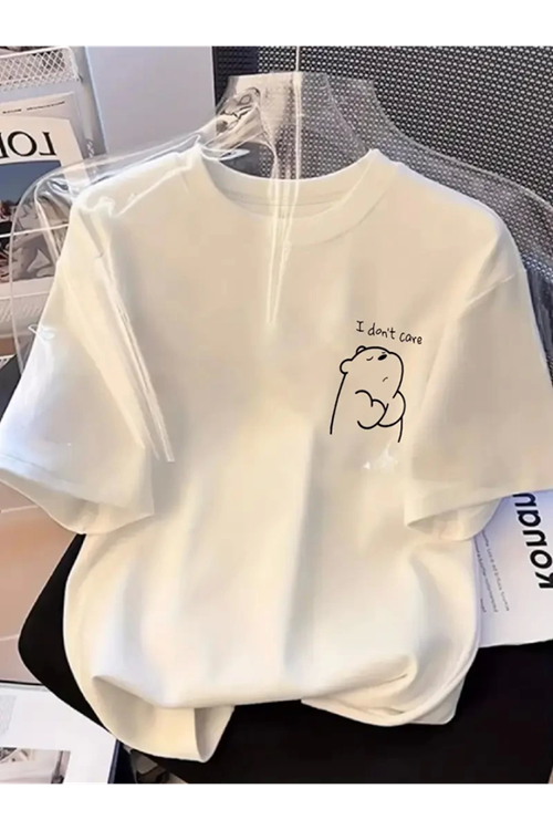 Baskılı Oversize Bisiklet Yaka T-shirt - Beyaz