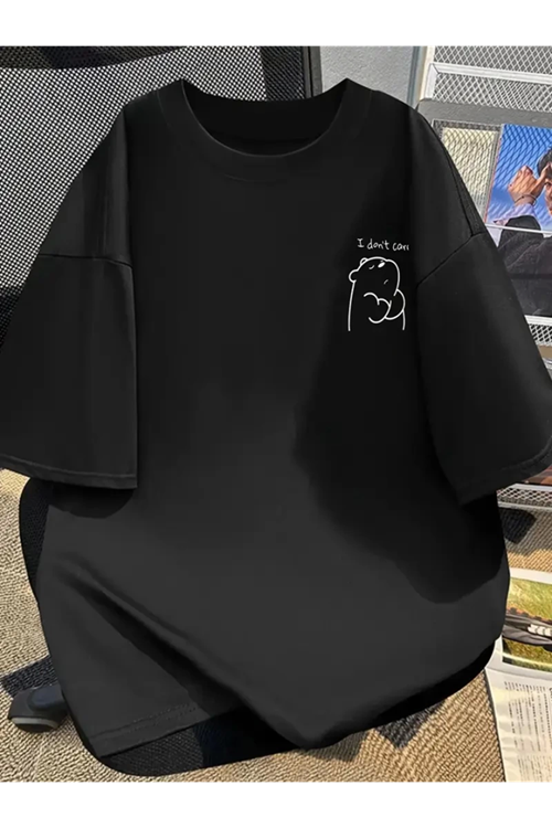 Baskılı Oversize Bisiklet Yaka T-shirt - Siyah