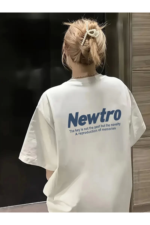 Baskılı Oversize Bisiklet Yaka T-shirt - Beyaz