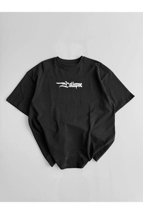 Baskılı Oversize Bisiklet Yaka T-shirt - Siyah