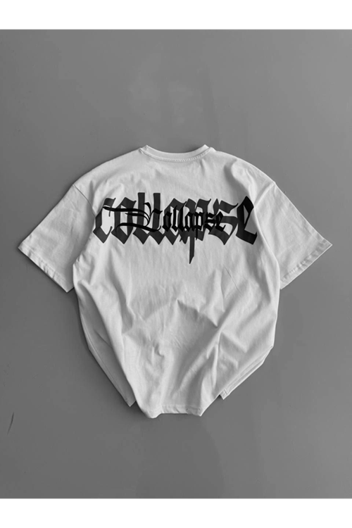 Baskılı Oversize Bisiklet Yaka T-shirt - Beyaz