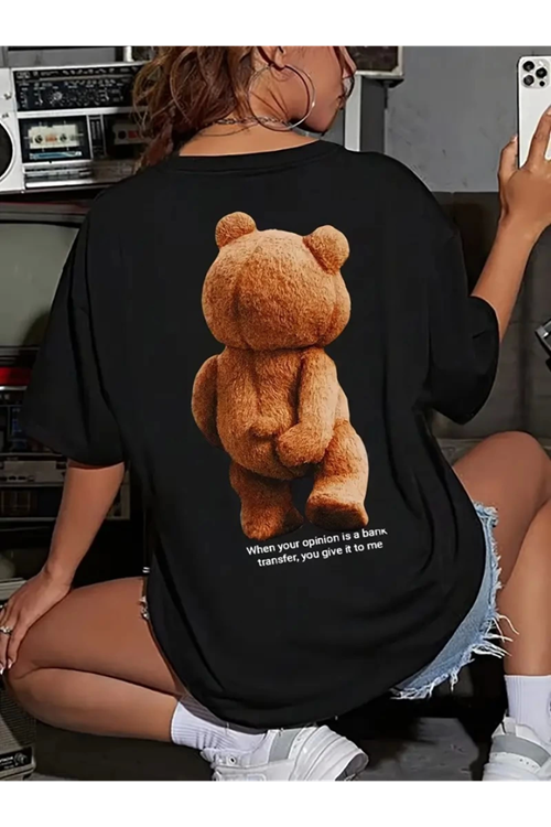 Baskılı Oversize Bisiklet Yaka T-shirt - Siyah