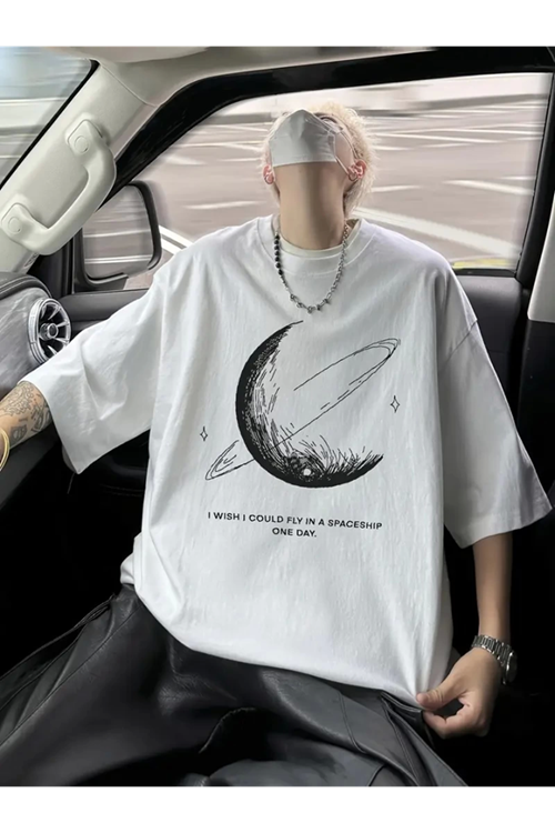 Baskılı Oversize Bisiklet Yaka T-shirt - Beyaz