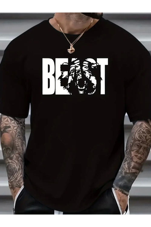 Baskılı Oversize Bisiklet Yaka T-shirt - Siyah