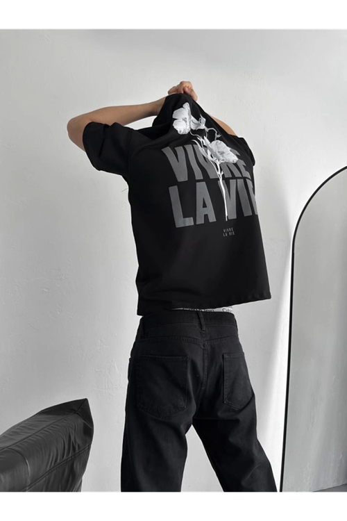 Baskılı Oversize Bisiklet Yaka T-shirt - Siyah