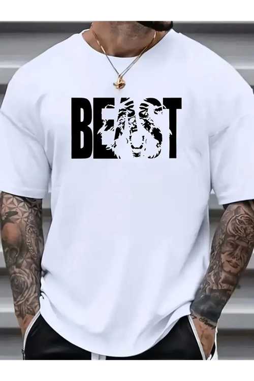Baskılı Oversize Bisiklet Yaka T-shirt - Beyaz