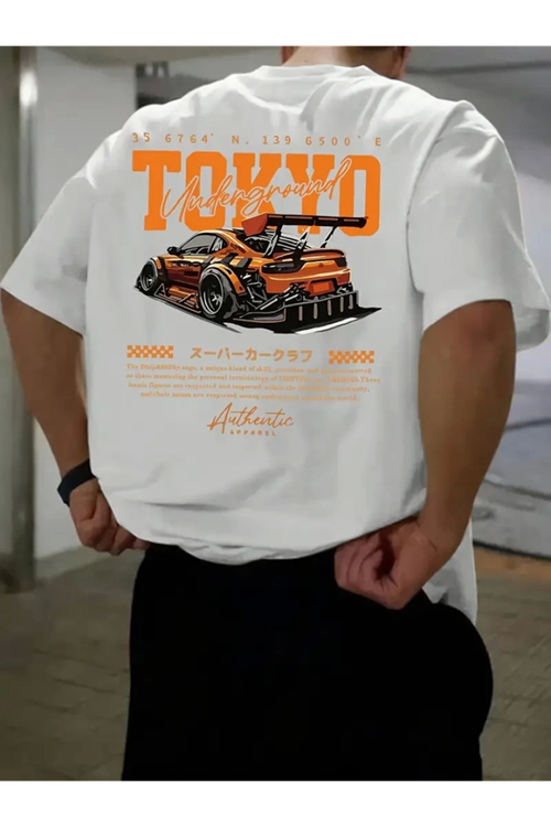 Baskılı Oversize Bisiklet Yaka T-shirt - Beyaz