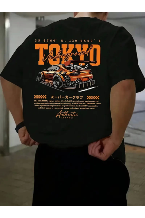 Baskılı Oversize Bisiklet Yaka T-shirt - Siyah