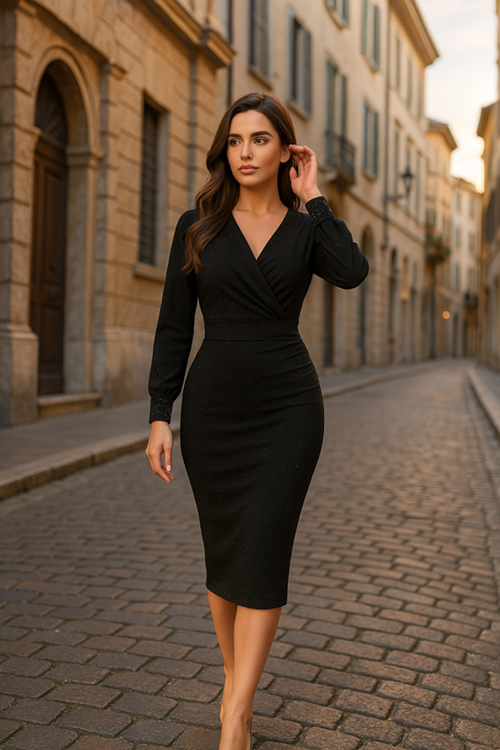 Kadın Uzun Kollu Kruvaze Yaka Büzgü Ve Balon Kol Detay Krep Kumaş Maxi Boy Elbise