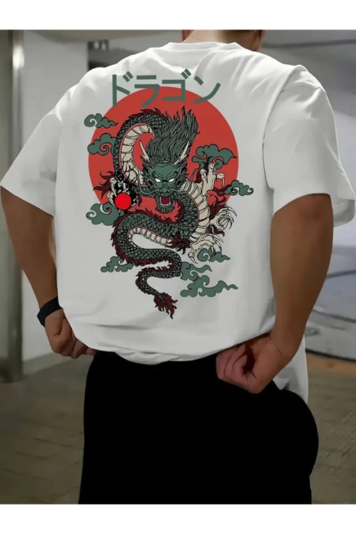 Baskılı Oversize Bisiklet Yaka T-shirt - Beyaz