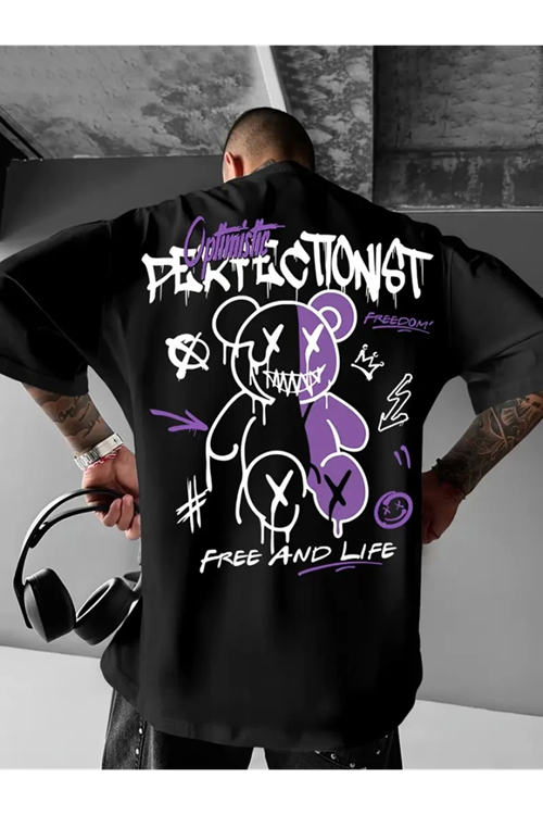 Baskılı Oversize Bisiklet Yaka T-shirt - Siyah